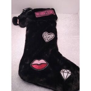 Victoria's Secret VS Black Plush Faux Fur Christmas Stocking w/Pom Poms - NWT